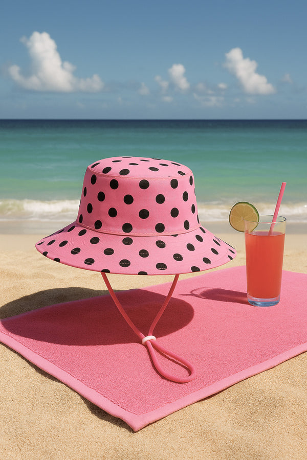 Pink polka dot sun hat on a pink towel with a glass of pink drink on a sandy beach.
