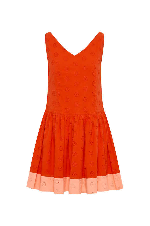 Sunset Broderie Dress - Red/Apricot