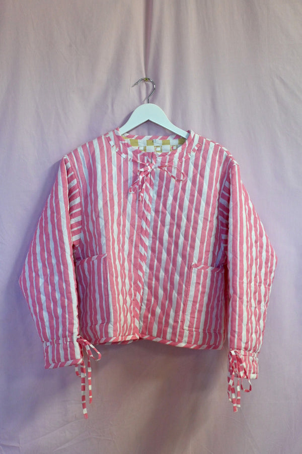 Reversible Quilted Jacket - Pink Stripe/Cream Check
