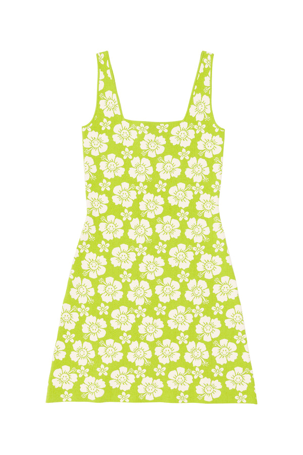 Green dress with white floral pattern on a white background