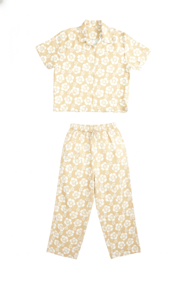 Floral pajama set with top and pants on a white background