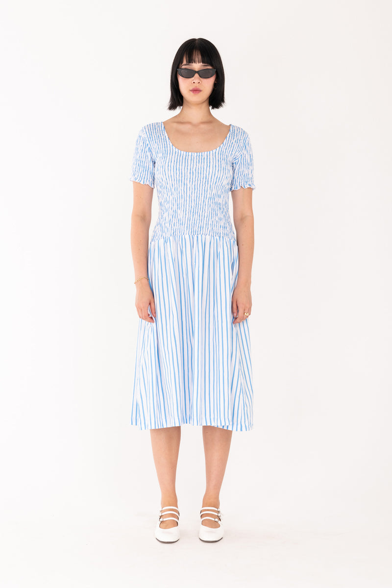 Sea Stripe Shirred Midi Dress - Blue/White