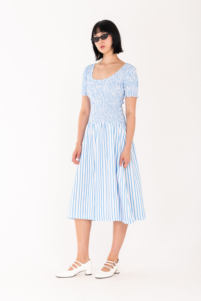 Sea Stripe Shirred Midi Dress - Blue/White