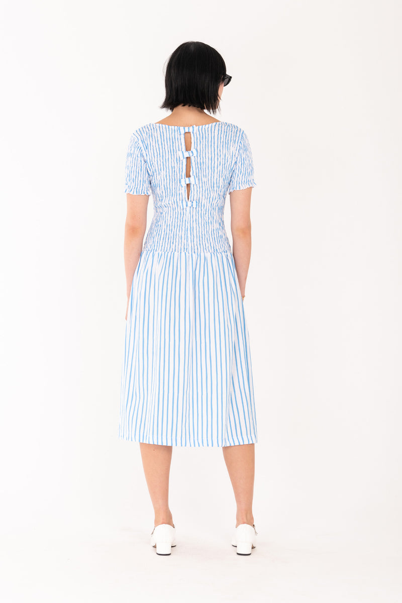 Sea Stripe Shirred Midi Dress - Blue/White