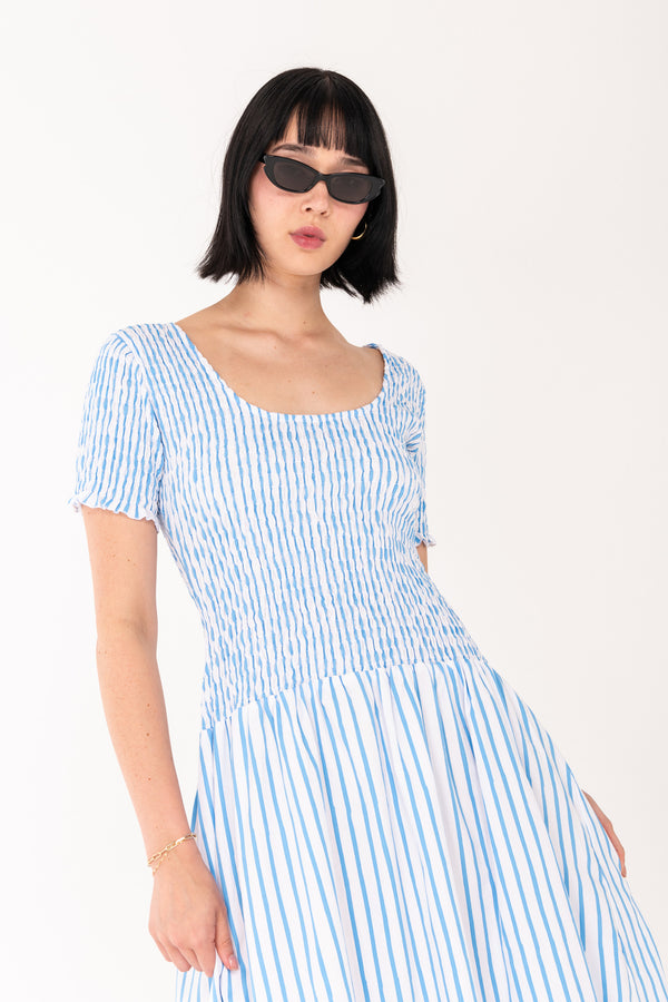 Sea Stripe Shirred Midi Dress - Blue/White