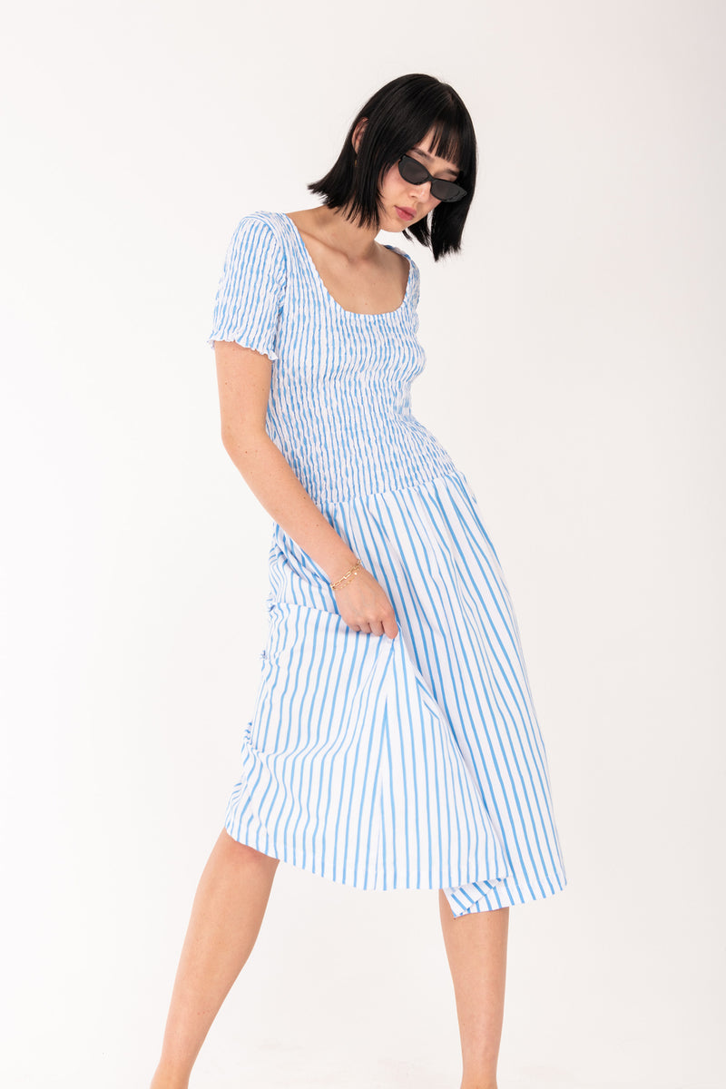 Sea Stripe Shirred Midi Dress - Blue/White