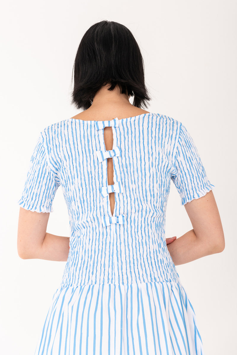 Sea Stripe Shirred Midi Dress - Blue/White