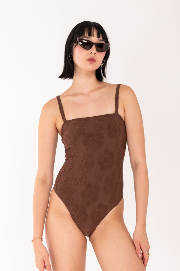 Towelling Hibiscus One Piece - Brown