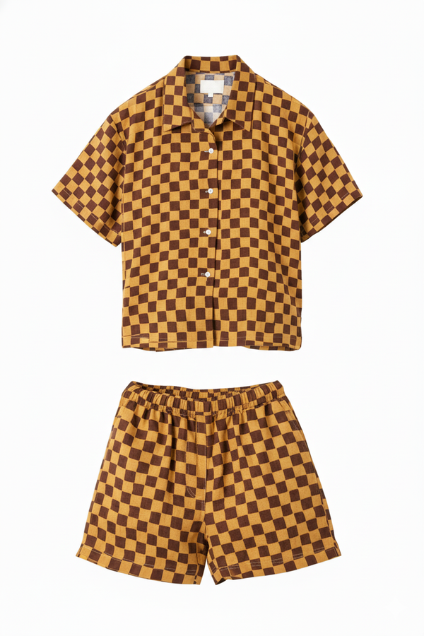 Checkered shirt and shorts set on a white background