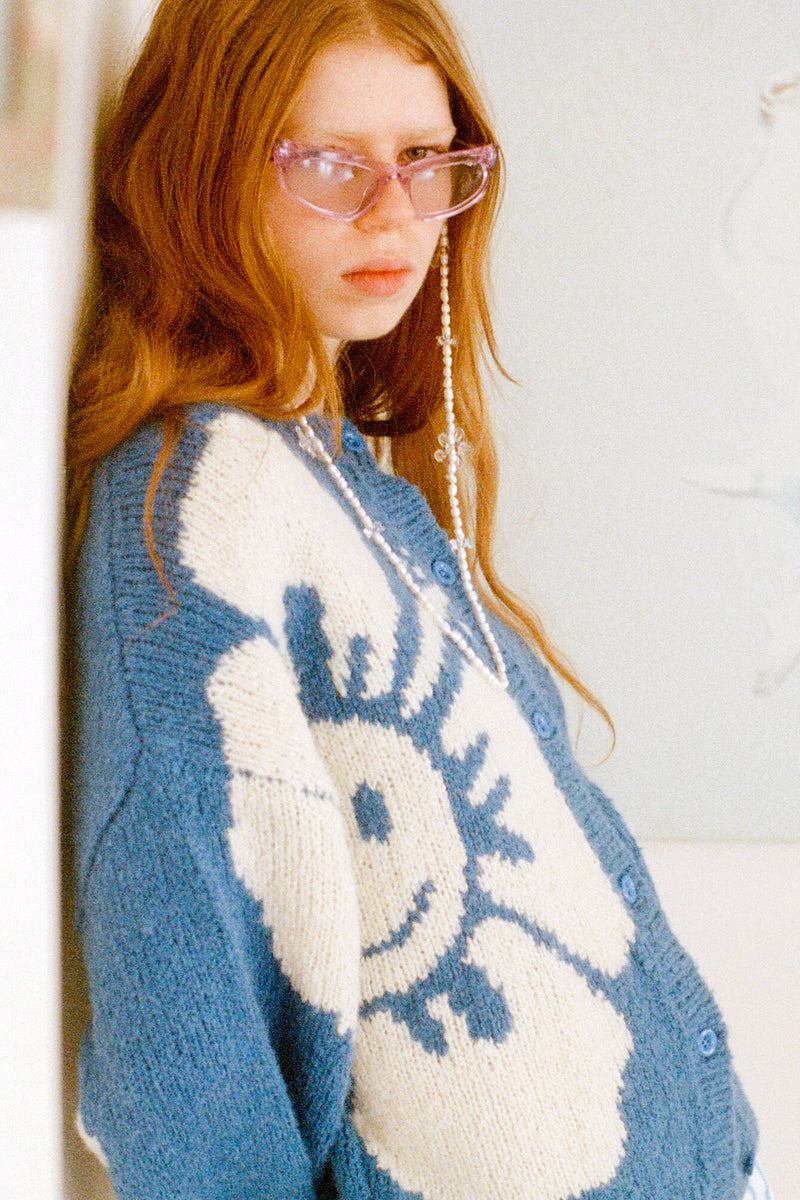 Chunky Knit Cardigan - Blue/Off White