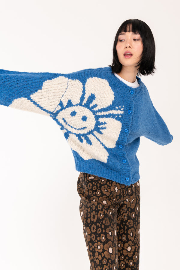 Chunky Knit Cardigan - Blue/Off White