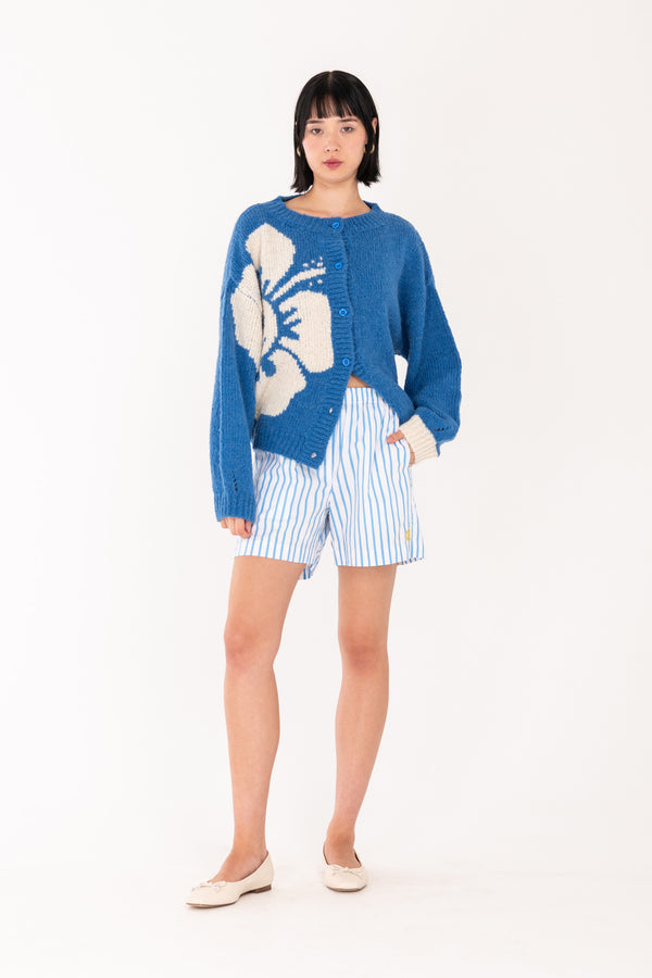 Chunky Knit Cardigan - Blue/Off White