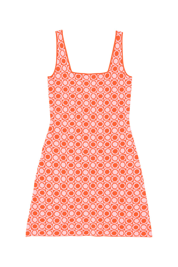 Orange dress with a circular pattern on a white background