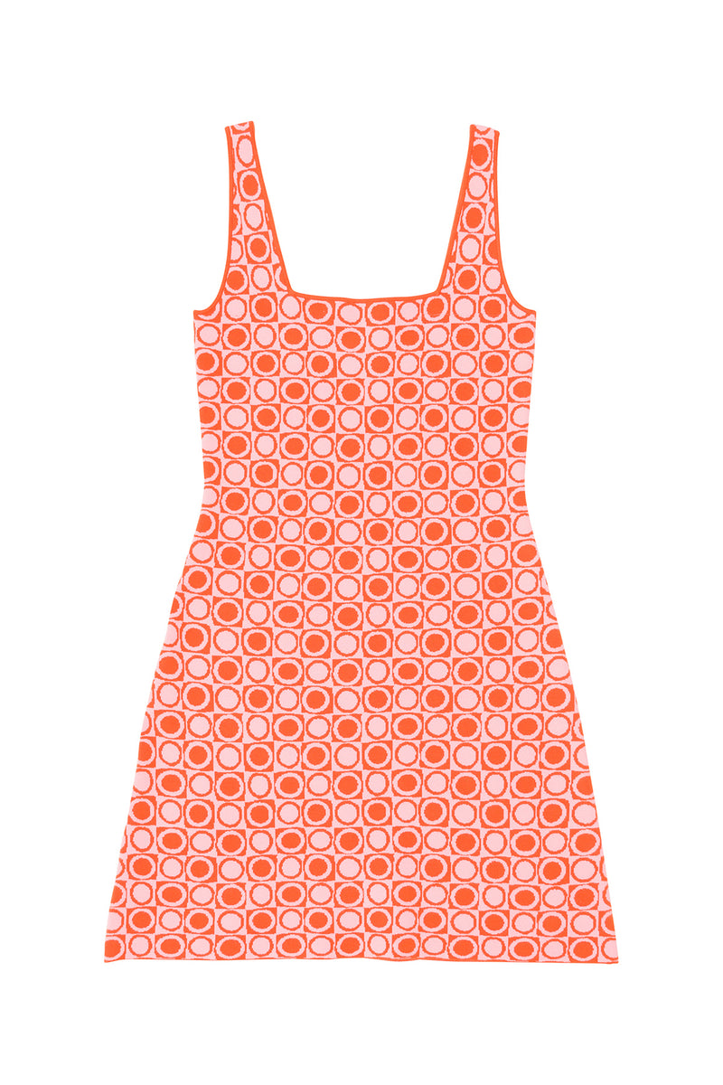 Orange dress with a circular pattern on a white background
