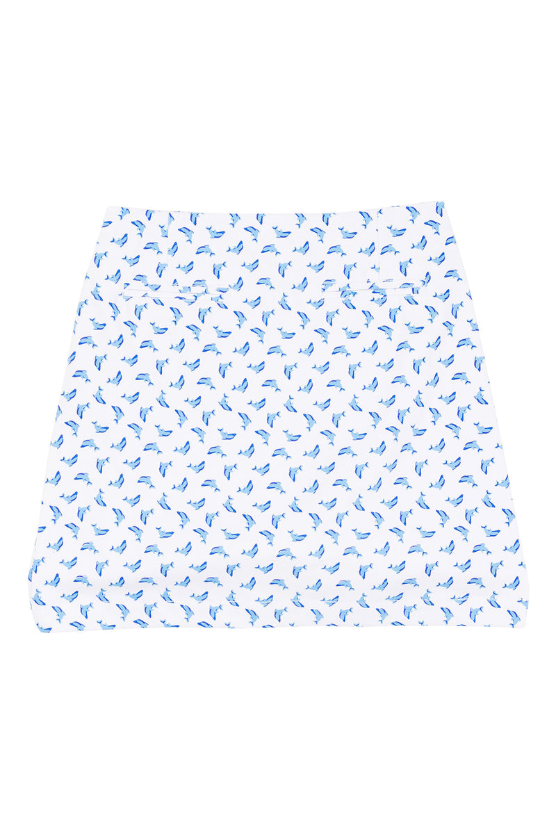 Blue Dolphin pattern on skirt with a white background