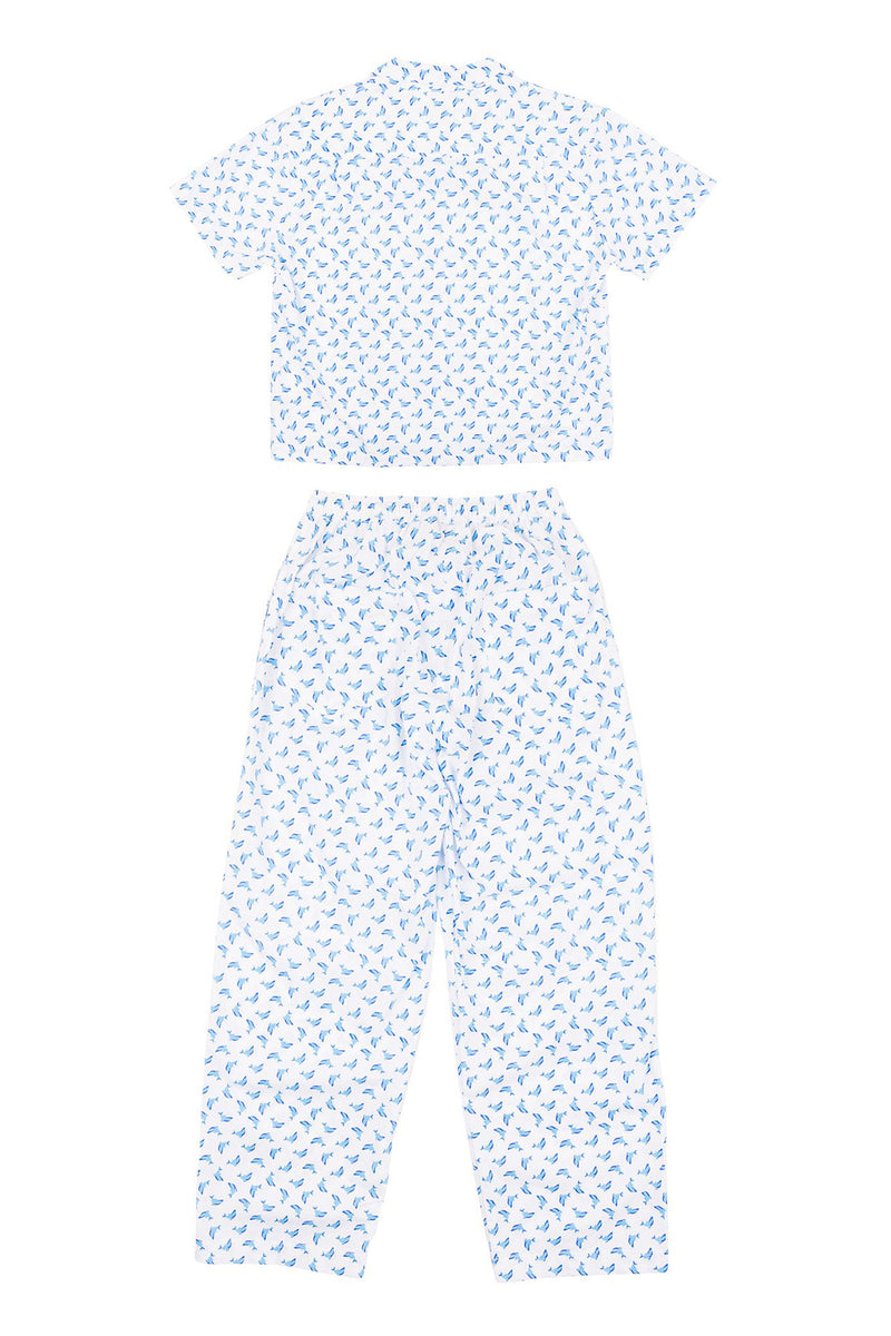 Two-piece pajama set with a small pattern on a white background