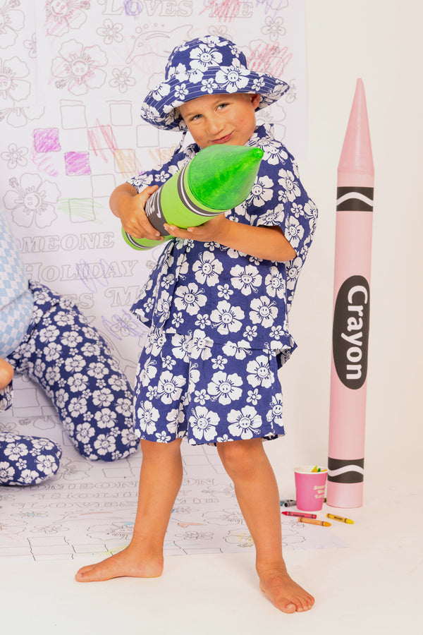 Happy Hibiscus Kids Short Resort Set - Blue/White