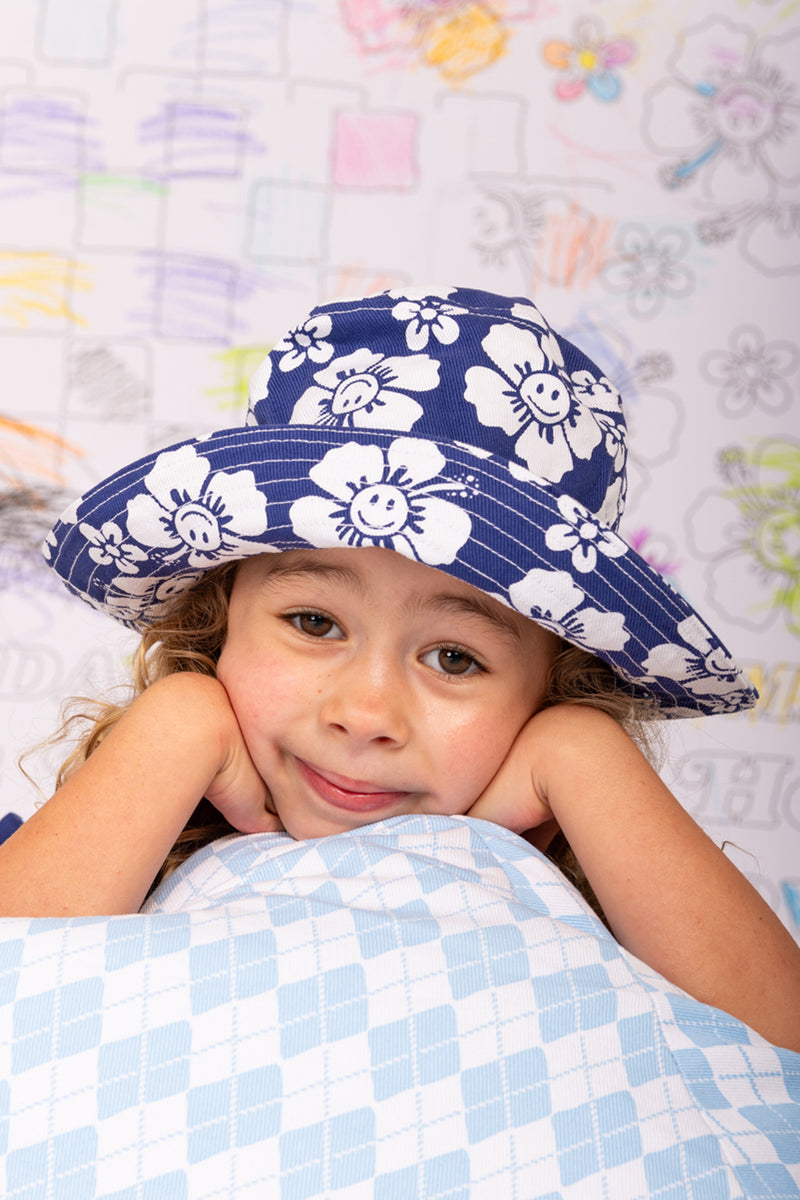Happy Hibiscus Kids Sun Hat - Blue/White
