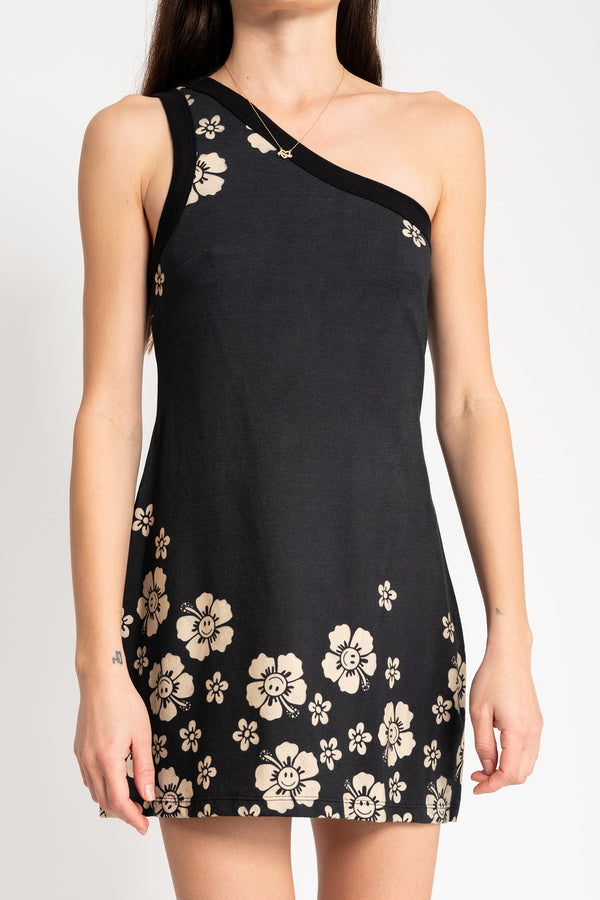 Happy Hibiscus One Shoulder Dress - Black