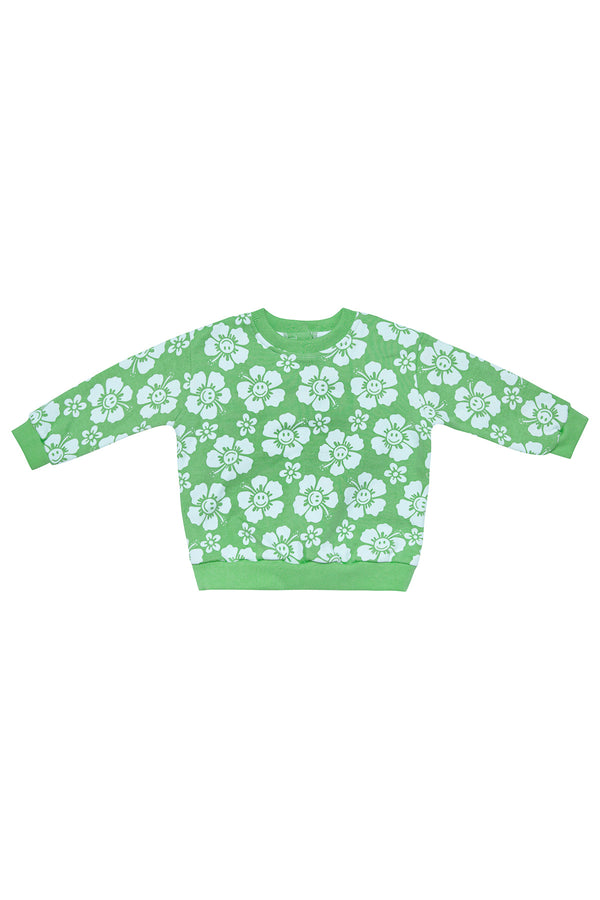 Green sweatshirt with white happy hibiscus pattern on a white background