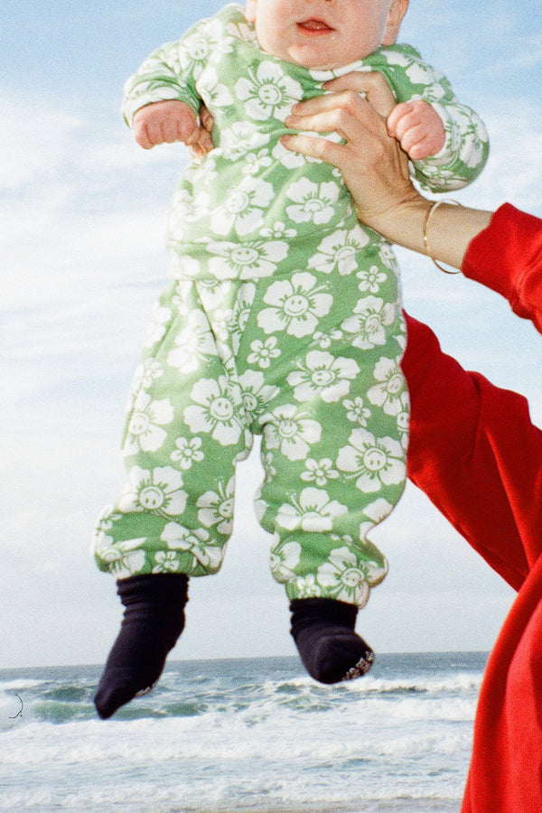 Happy Hibiscus Kids Sweater - Green/White