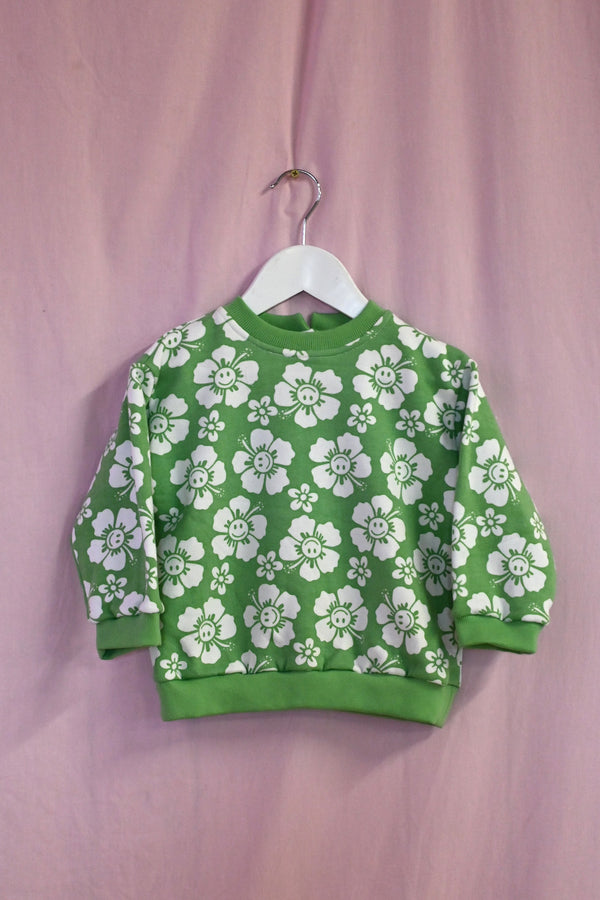 Happy Hibiscus Kids Sweater - Green/White