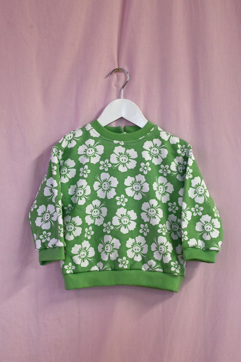 Happy Hibiscus Kids Sweater - Green/White