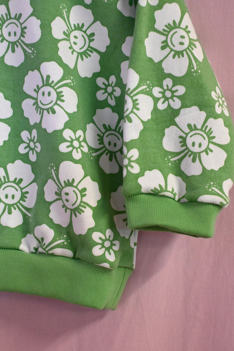 Happy Hibiscus Kids Sweater - Green/White