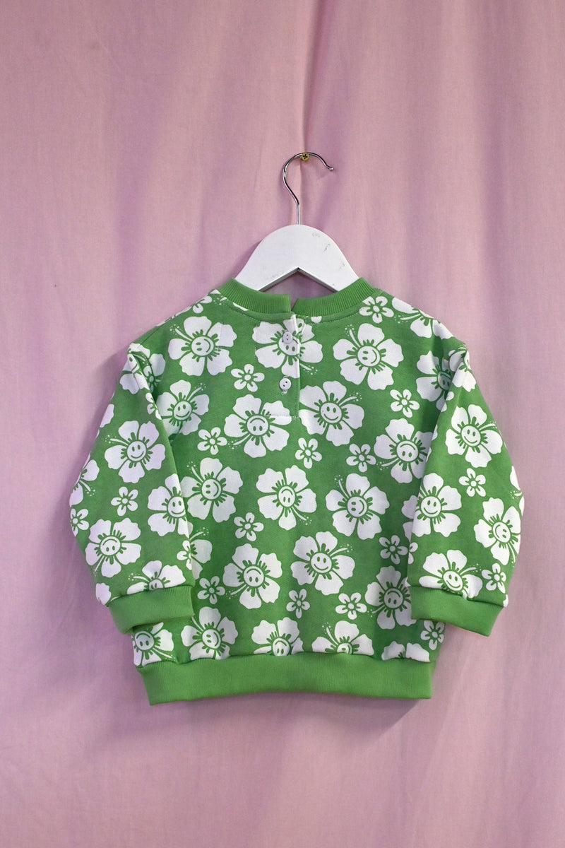 Happy Hibiscus Kids Sweater - Green/White
