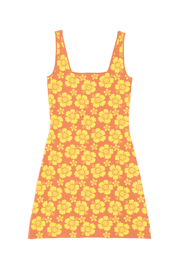 Dress with yellow floral pattern on a white background