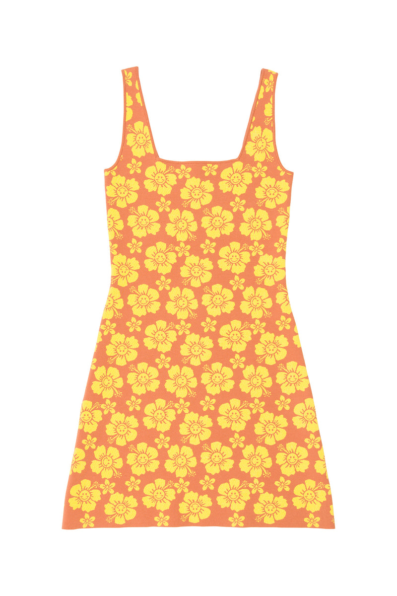 Dress with yellow floral pattern on a white background