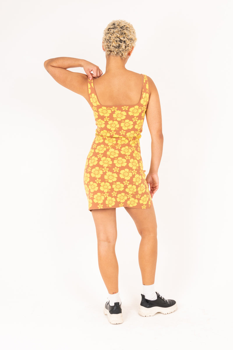 Happy Hibiscus Knit Dress - Tan/Yellow