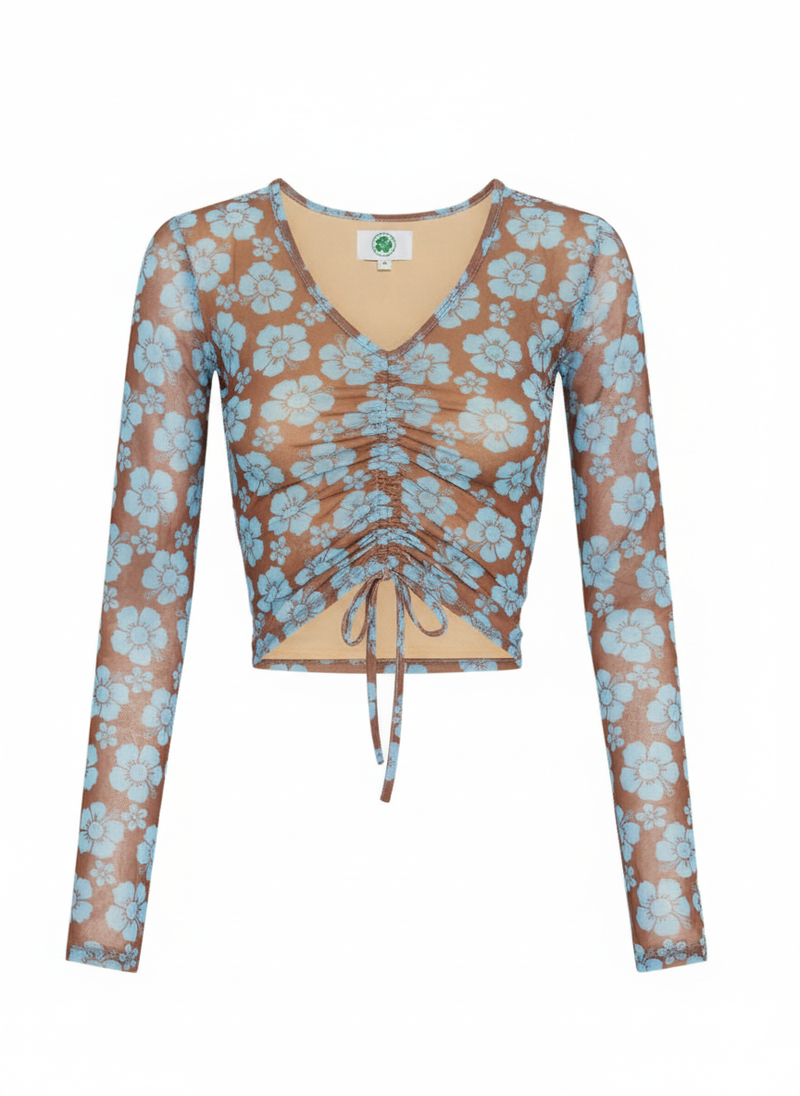 Floral long-sleeve top with a tie waist on a white background