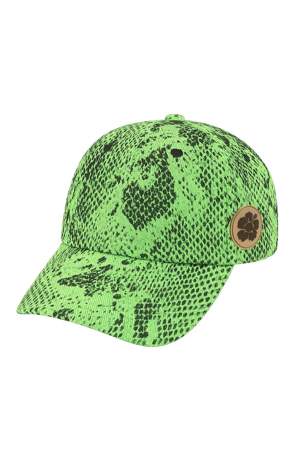 Green snake print cap with a brown patch on a white background