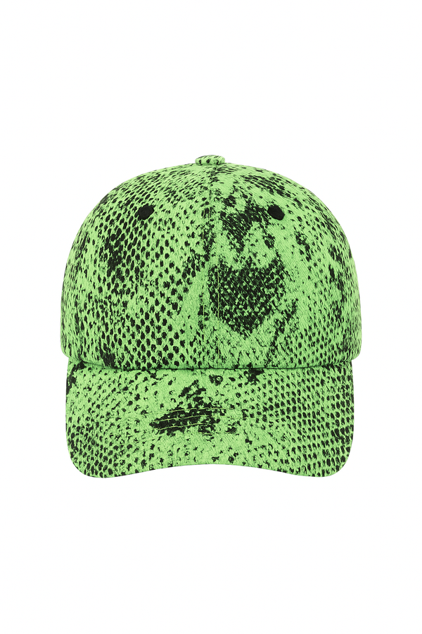 Green snake print cap on a white background