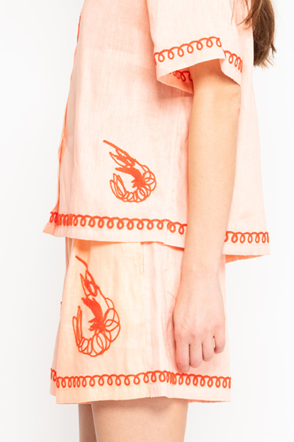Lobster Embroidered Shorts - Peach