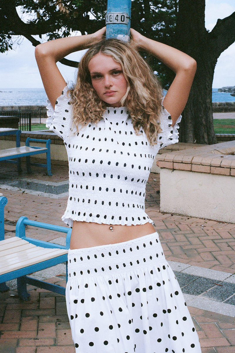 Polka Shirred Tee - White – Emma Mulholland on Holiday