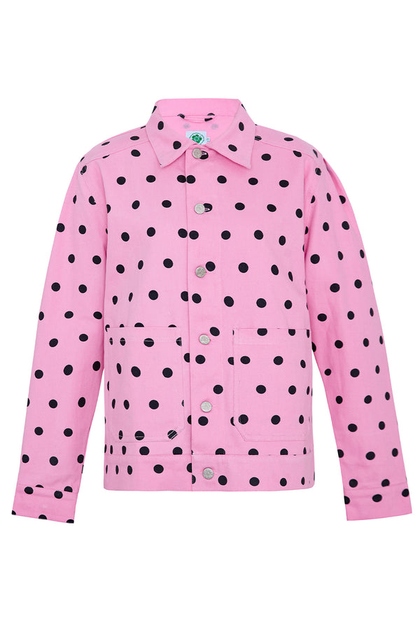 Pink shirt with black polka dots on a white background