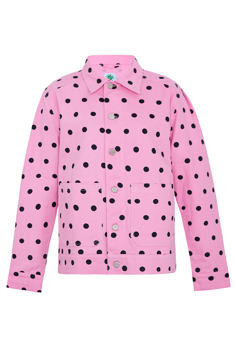 Pink shirt with black polka dots on a white background