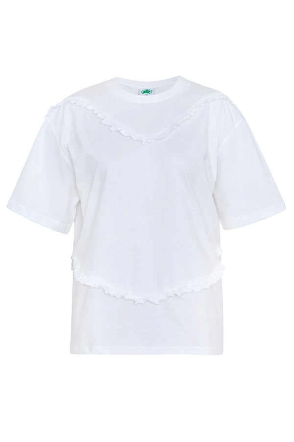 White t-shirt with a brand logo on a white background
