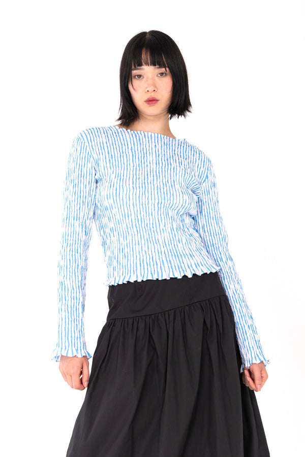 Sea Stripe Shirred L/S Blouse - Blue/White