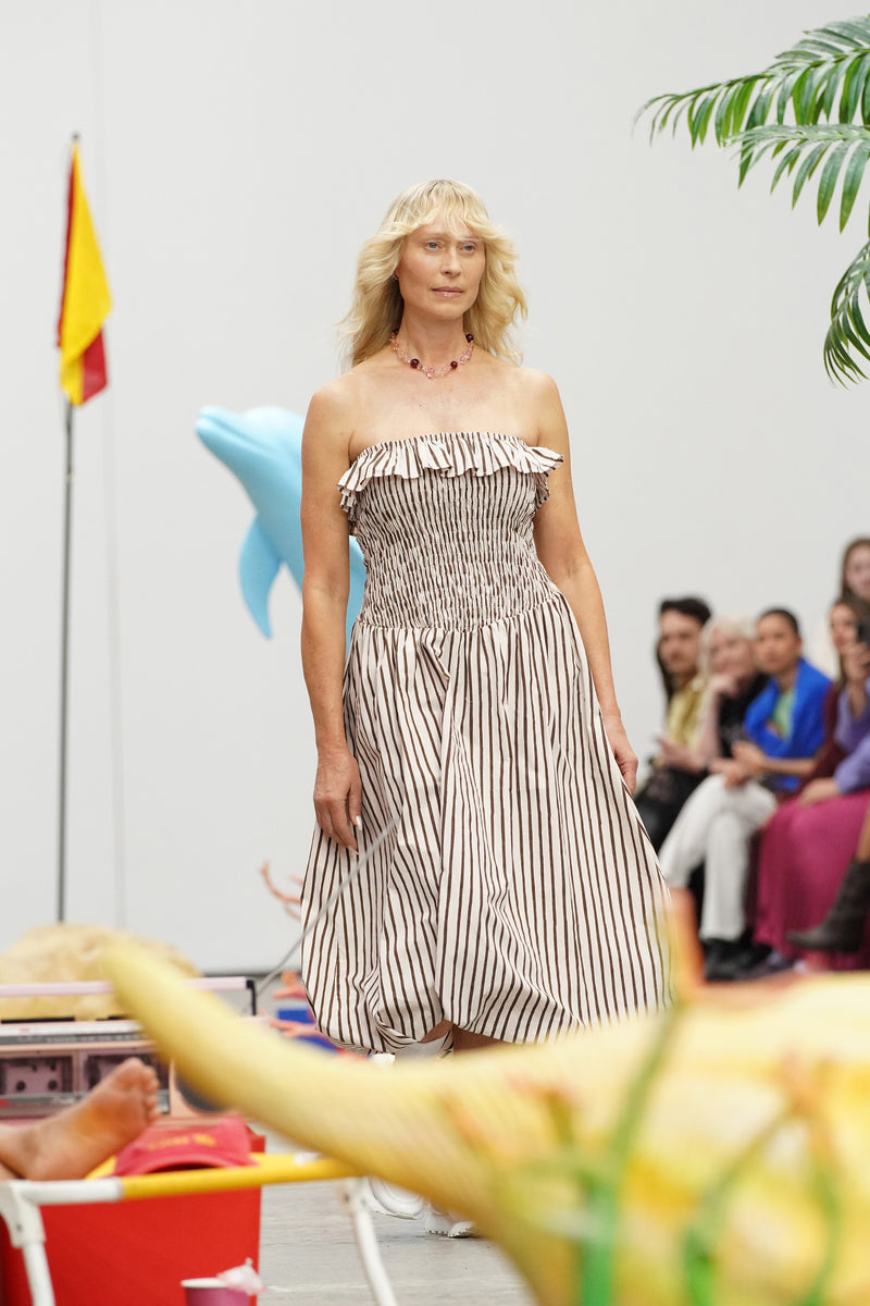 Thin Stripe Ruched Strapless Bubble Dress - Pink/Brown Emma Mulholland on Holiday Thin Stripe Ruched Strapless Bubble Dress - Pink/Brown Emma Mulholland on Holiday