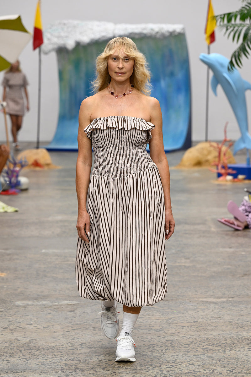 Thin Stripe Ruched Strapless Bubble Dress - Pink/Brown Emma Mulholland on Holiday Thin Stripe Ruched Strapless Bubble Dress - Pink/Brown Emma Mulholland on Holiday
