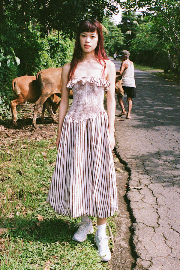 Thin Stripe Ruched Strapless Bubble Dress - Pink/Brown