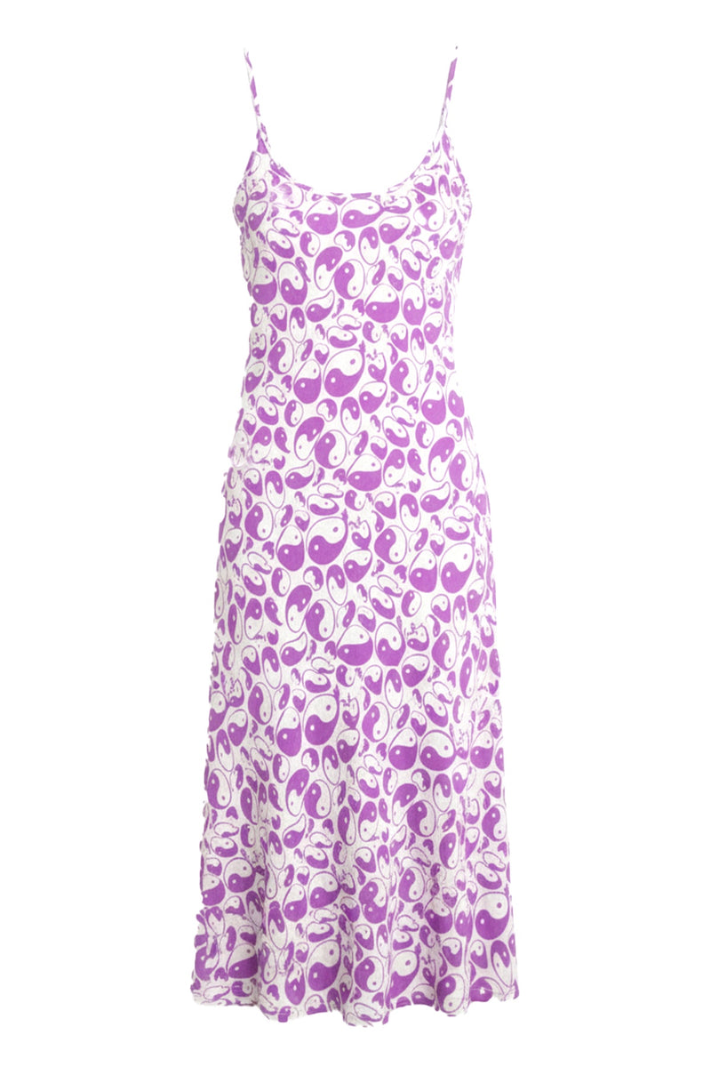 Purple patterned slip dress on a white background