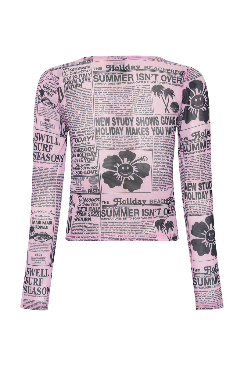 Long-sleeve shirt with newspaper print and floral designs on a white background