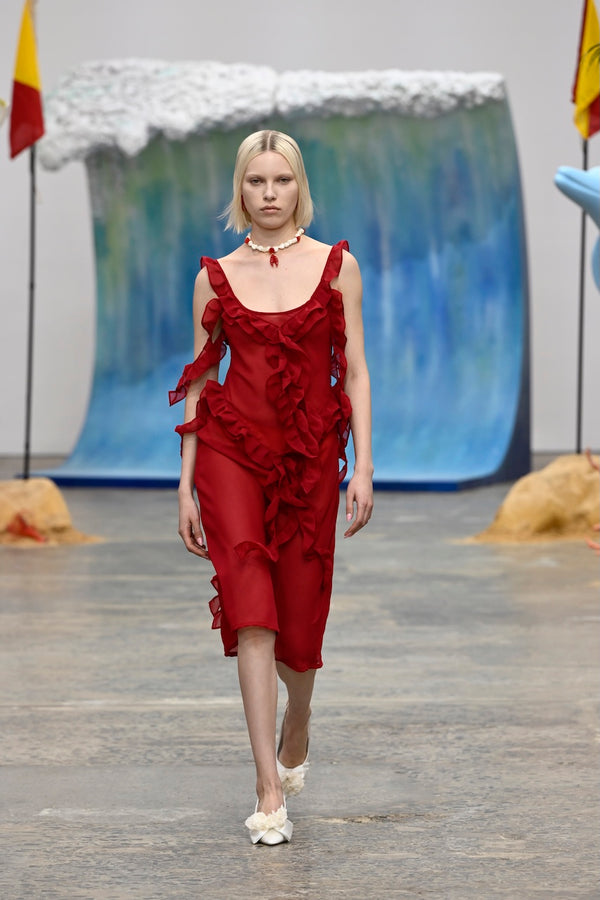 Sheer Ruffle Slip Dress - Red