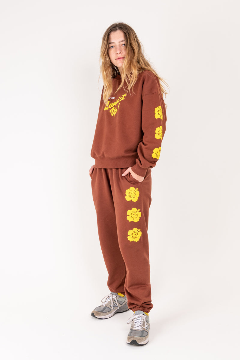 Person wearing a brown sweatshirt and pants with yellow designs on a white background