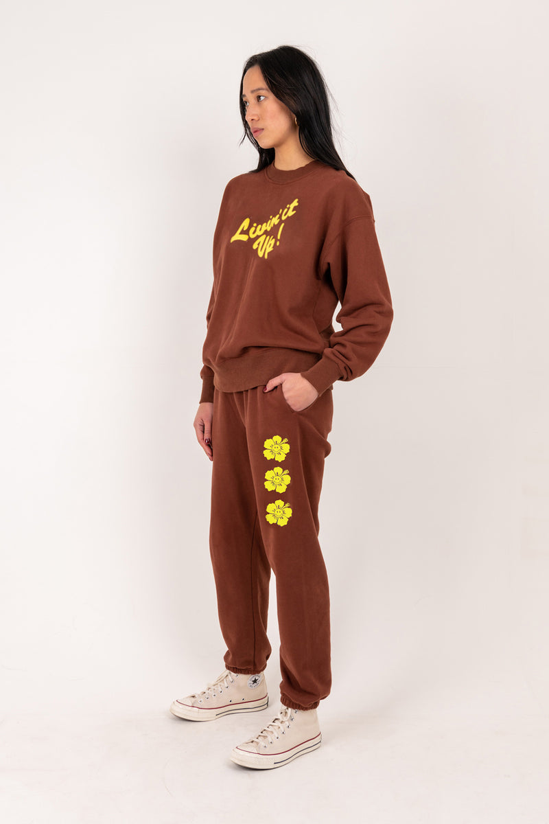 Person wearing a brown sweatshirt and pants with yellow text and graphics on a white background