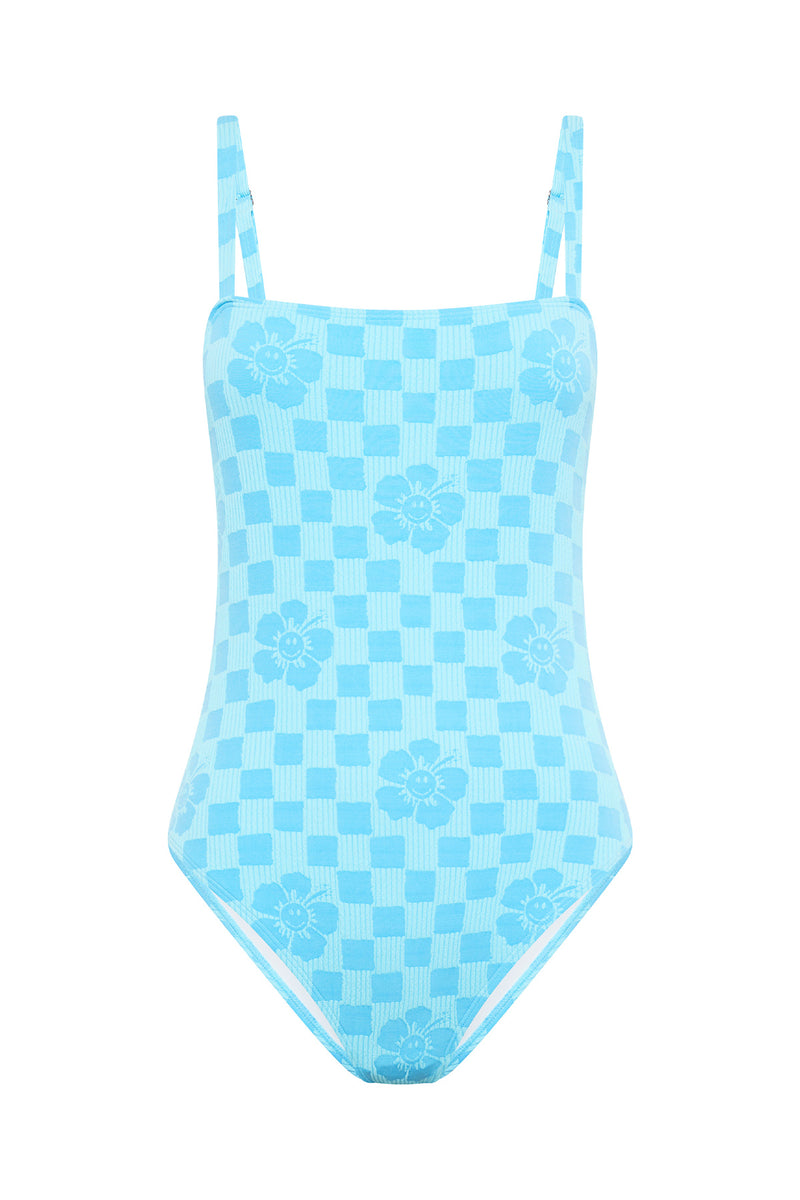 Happy Check Vacation One Piece - Sky Blue